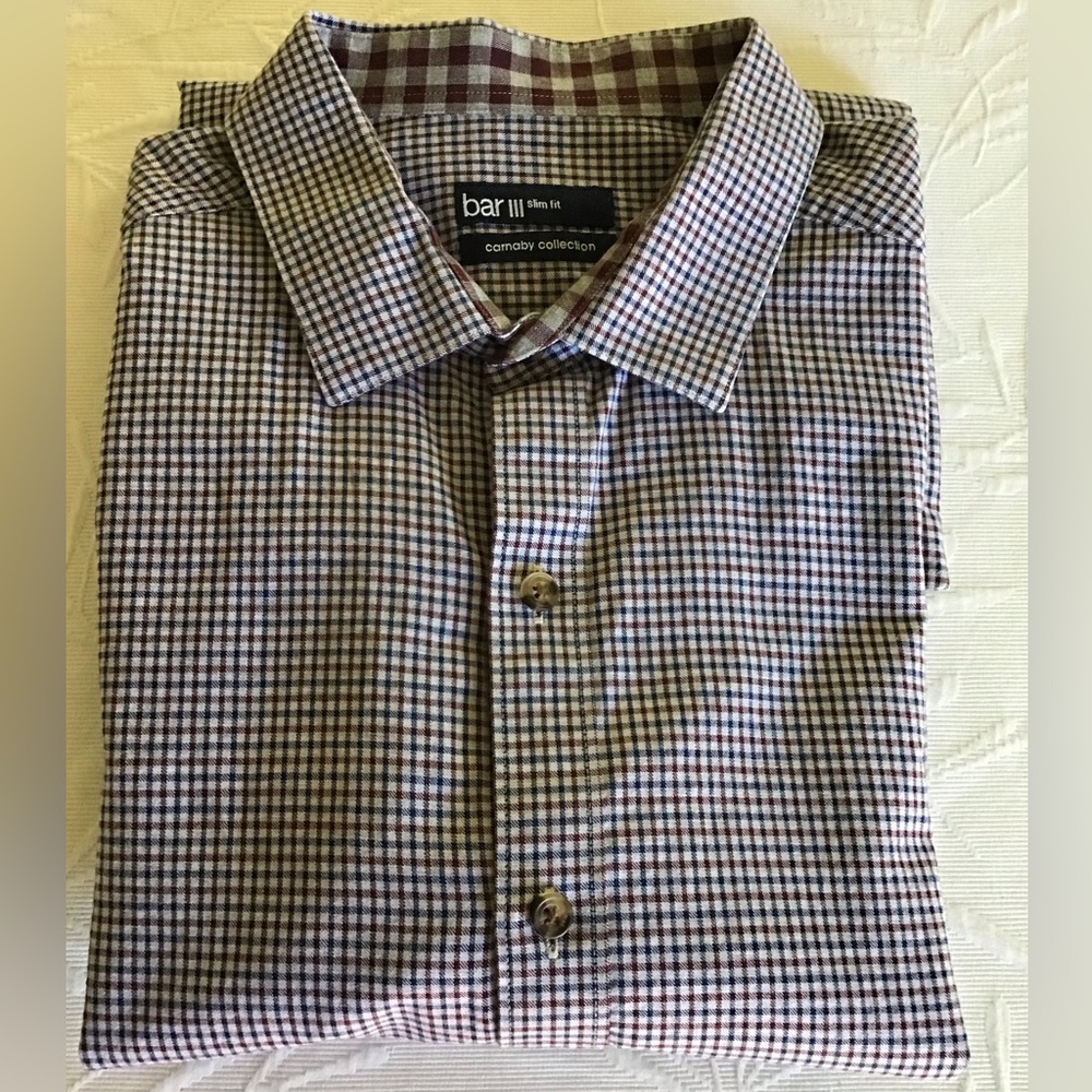 Bar III Men's Plaid Button Down Shirt - Blue, Gray, and Burgundy Item #188